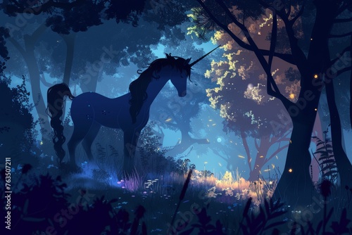 Graphic design of a mythical unicorn in an enchanted forest. © furyon