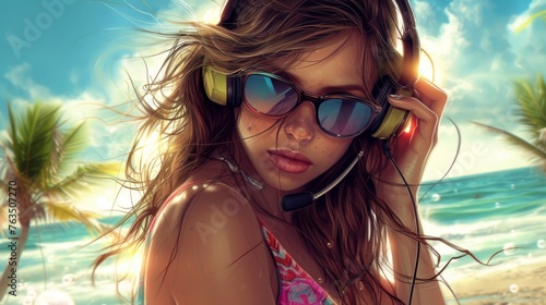 Beautiful young woman listening to music in headphones