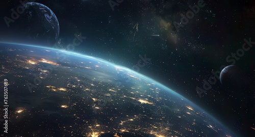 A detailed view of the Earth as seen from space during nighttime, showcasing illuminated cities, natural features, and artificial light sources © pham
