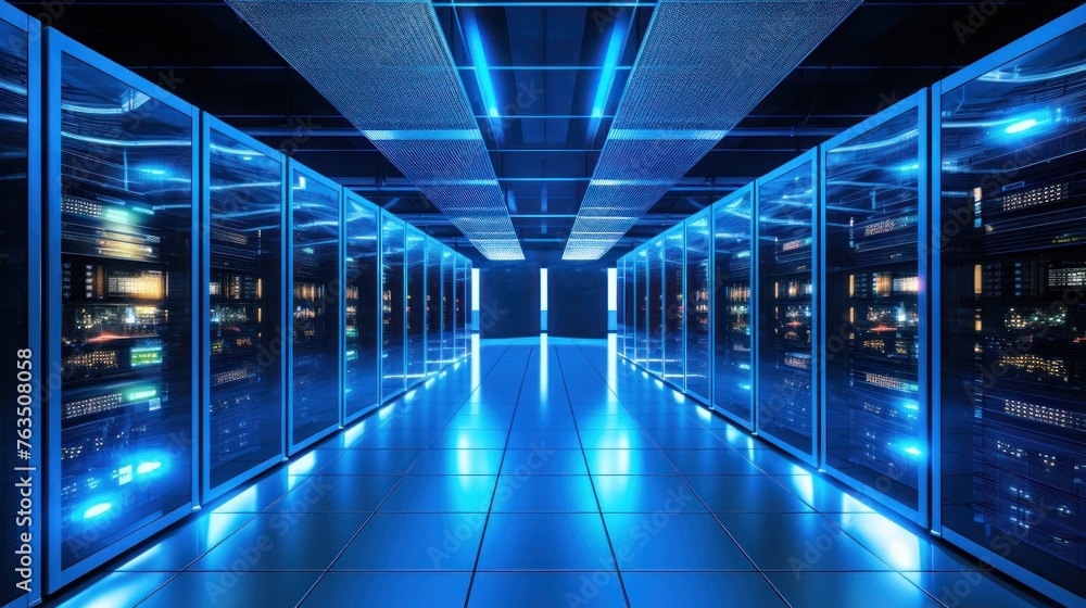 Depict a state of the art data center with rows of server racks, cooling systems, and redundant power supplies Depict a state of the art data center with rows of server racks, cooling systems, and redundant power supplies