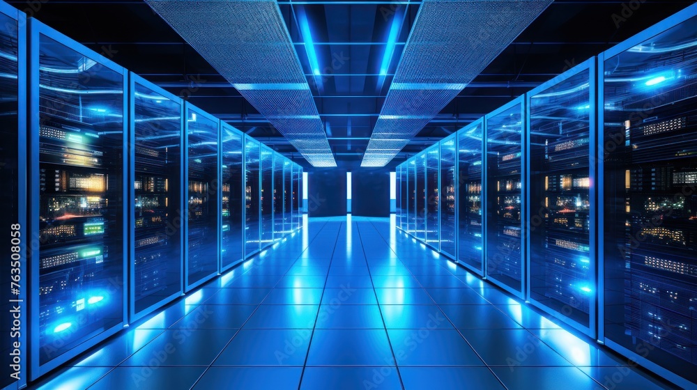 Depict a state of the art data center with rows of server racks, cooling systems, and redundant power supplies