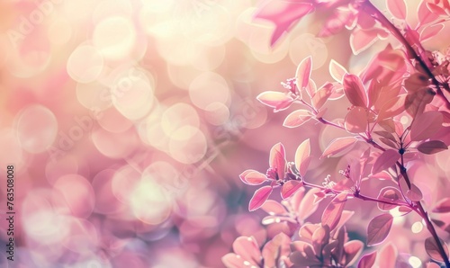 Closeup view of pink leaves on the brunch with bokeh light