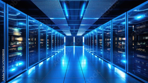 Depict a state of the art data center with rows of server racks, cooling systems, and redundant power supplies