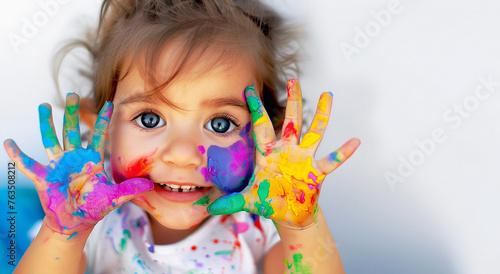 A little girl with her hands covered in multicolored paint