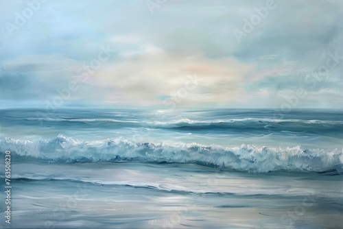 Soothing abstract seascape at twilight, with gentle waves and a calm, reflective color palette, evoking peace and tranquility.