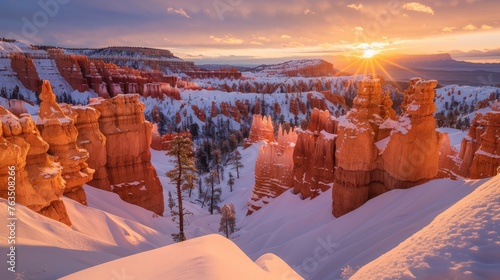 The sun is setting in the horizon, casting a warm glow over the snowy landscape, creating a serene atmosphere