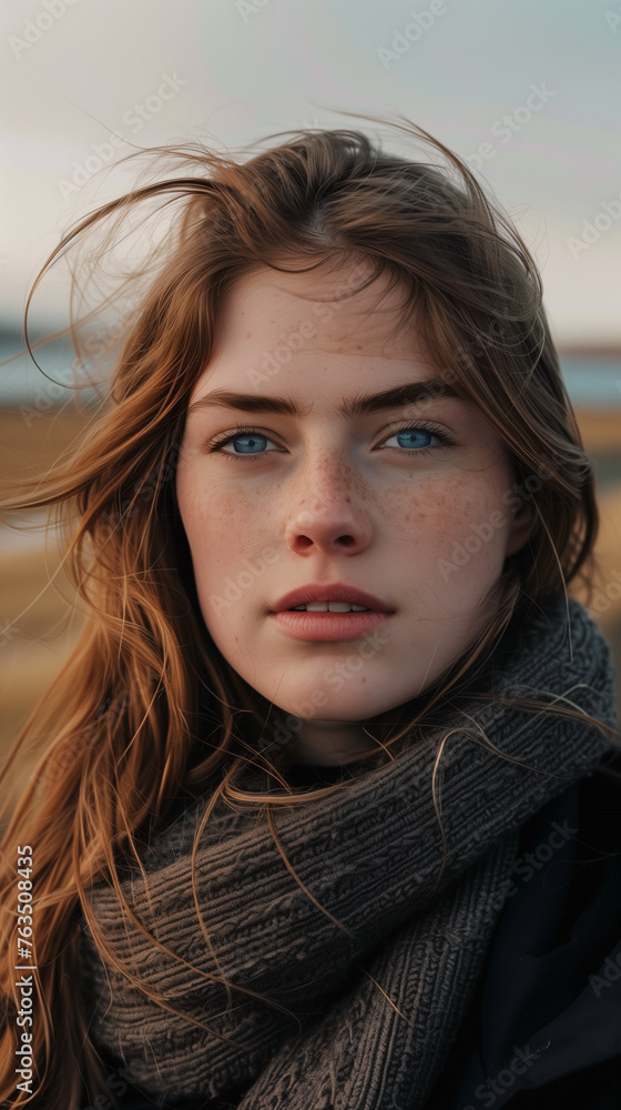 Portrait of a girl from Iceland with freckled skin. Her features are highlighted by the freckles on her face, and she looks casual yet stylish. Portrait of a girl from Iceland with freckled skin. Her features are highlighted by the freckles on her face, and she looks casual yet stylish.