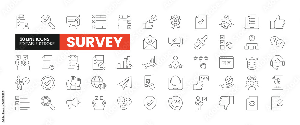 Set of 50 Survey line icons set. Survey outline icons with editable stroke collection. Includes Vote, Review, Feedback, Poll, Research, and More. Set of 50 Survey line icons set. Survey outline icons with editable stroke collection. Includes Vote, Review, Feedback, Poll, Research, and More.