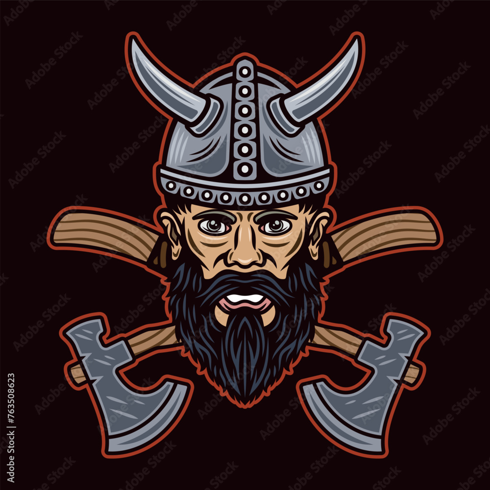 Viking head and two crossed axes vector character illustration in monochrome vintage style on white background