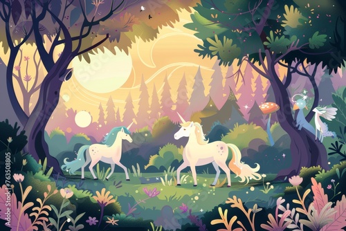 Whimsical vector illustration of a fairy tale forest with mystical creatures like unicorns, elves, and fairies.