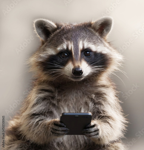 The raccoon holds a smartphone in its paws and looks at the smartphone screen with a cheerful smile
