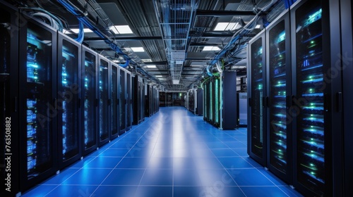 Depict a state of the art data center with rows of server racks  cooling systems  and redundant power supplies