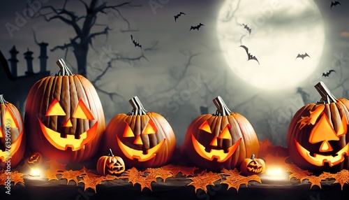 halloween background with pumpkins, celebrate Halloween.Spooky halloween, Halloween Scene - Party Of Pumpkins At Moonlight Contain Moon 3D Rendering © sinthi