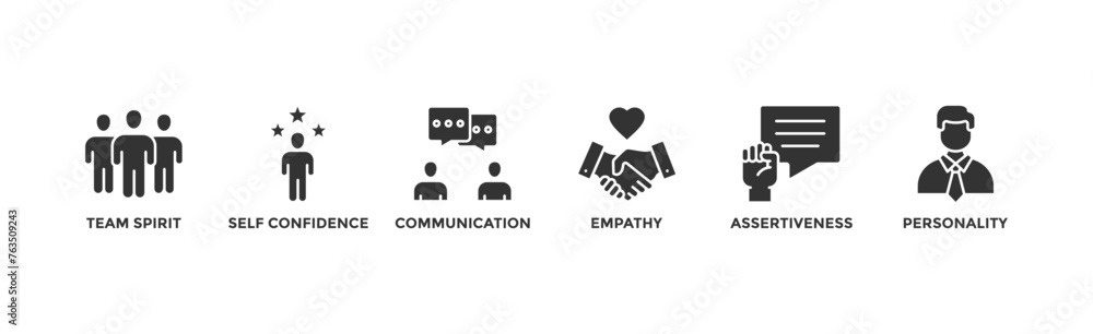 Soft skills banner web icon vector illustration concept for human resource management and training with icon of team spirit, self-confidence, communication, empathy, assertiveness, and personality Soft skills banner web icon vector illustration concept for human resource management and training with icon of team spirit, self-confidence, communication, empathy, assertiveness, and personality