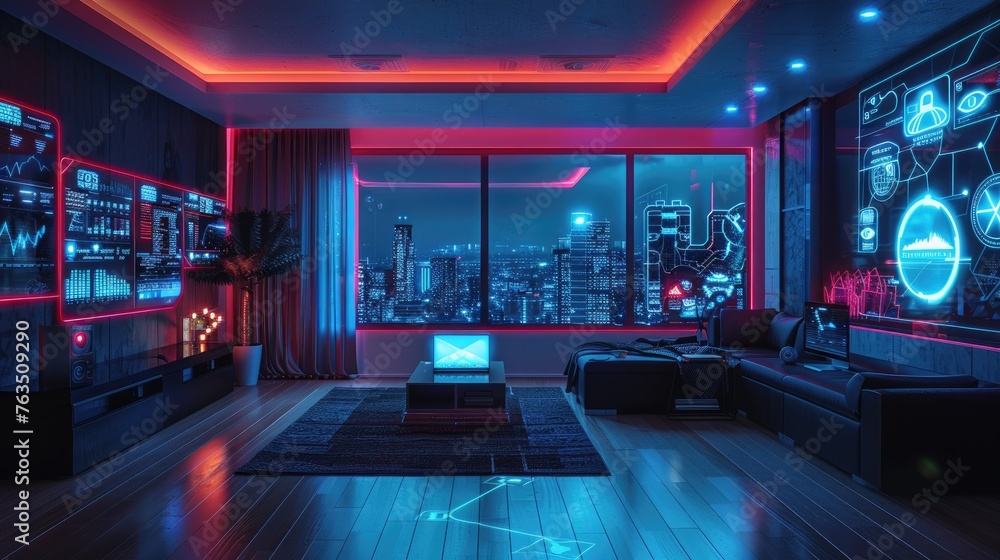 A neon-lit smart home control room monitoring and managing house functions A neon-lit smart home control room monitoring and managing house functions