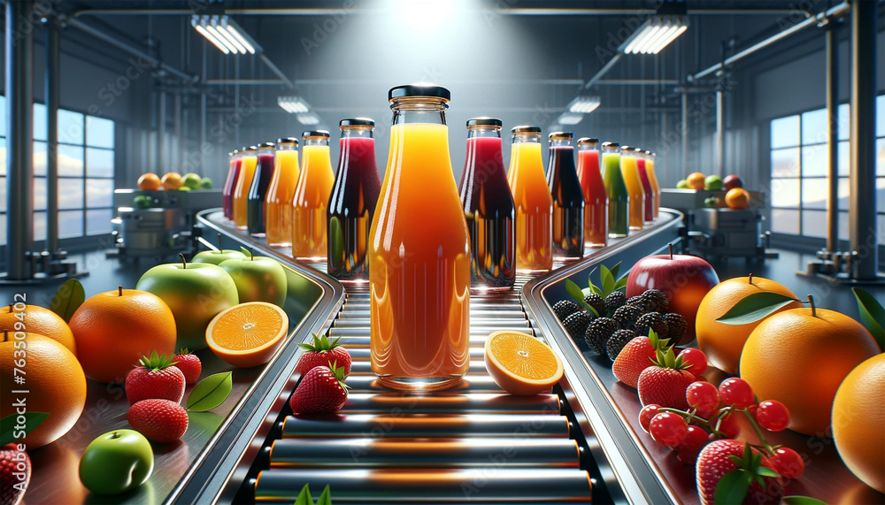 Glass bottles filled with bright, colorful fruit juices. The bottles sit on a sleek metal conveyor belt, reflecting a modern production line.