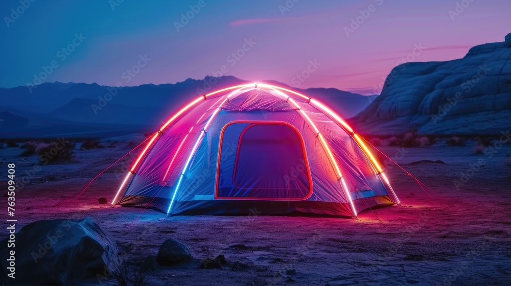 A smart, neon camping tent with built-in lighting and temperature control