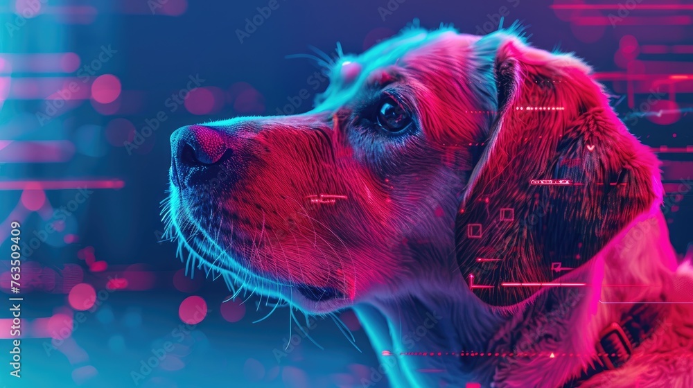 AI in veterinary medicine diagnosing pet illnesses and recommending treatments, visualized with neon graphics