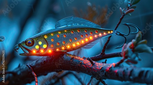 A neon-illuminated smart fishing lure attracting specific fish species