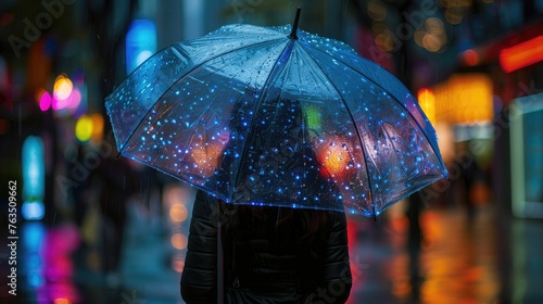 A high-tech, neon umbrella with weather forecasts and wind resistance