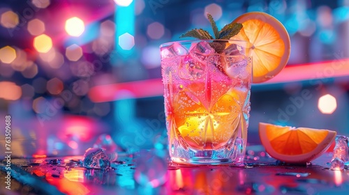 A neon-accented AI for cocktail creation experimenting with flavors and presentations