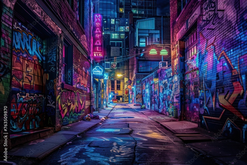 Fototapeta premium A neon sign is lit up in the middle of a graffiti-covered alleyway. The alleyway is dark and narrow