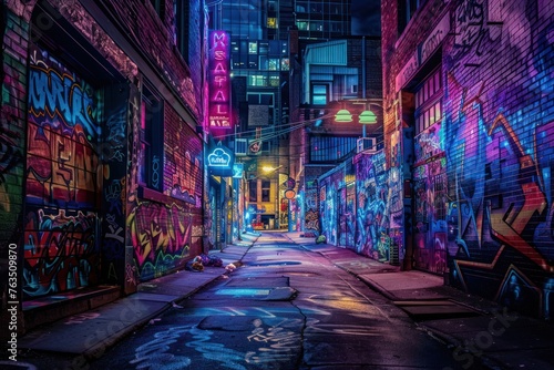 A neon sign is lit up in the middle of a graffiti-covered alleyway. The alleyway is dark and narrow