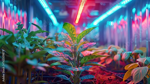 Biotechnologically enhanced, neon-highlighted plants purifying indoor air photo