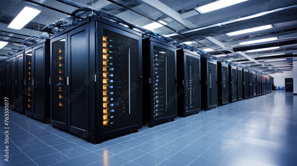 Depict a state of the art data center with rows of server racks, cooling systems, and redundant power supplies Depict a state of the art data center with rows of server racks, cooling systems, and redundant power supplies