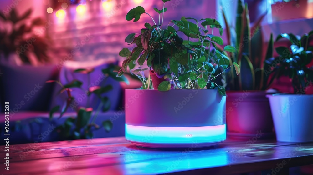 A smart, neon-lit plant hydration system for optimal watering - obrazy, fototapety, plakaty 