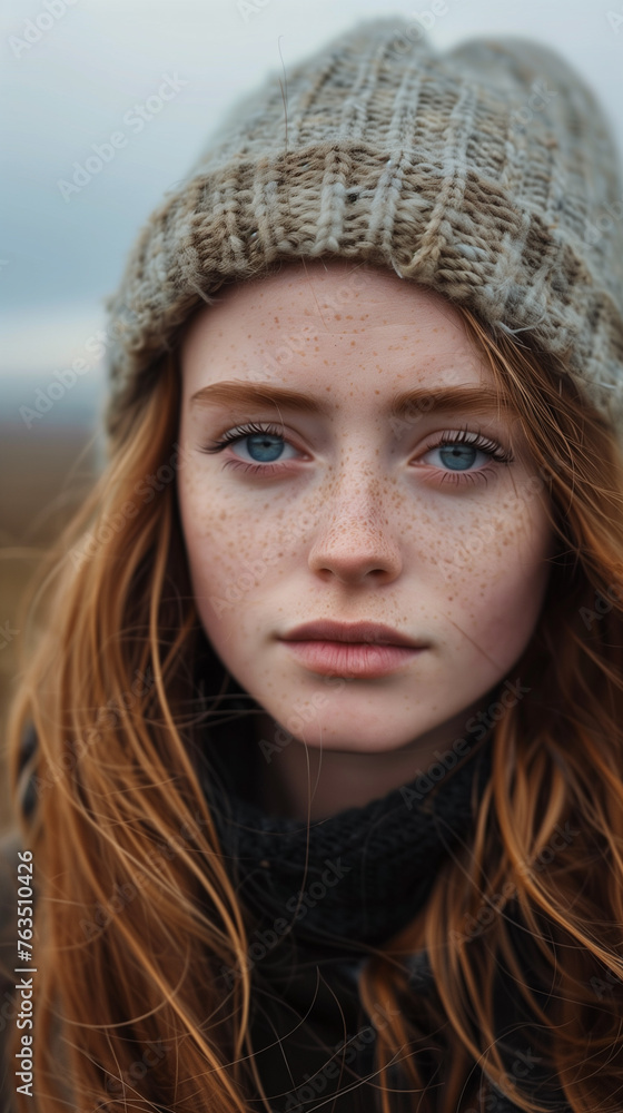 A girl from Iceland with freckled skin is wearing a beanie in this portrait. Her features are highlighted by the freckles on her face, and she looks casual yet stylish. A girl from Iceland with freckled skin is wearing a beanie in this portrait. Her features are highlighted by the freckles on her face, and she looks casual yet stylish.
