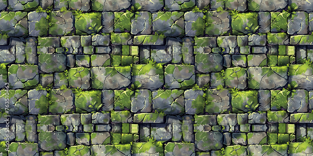 Seamless rock pattern, tileable mossy stone dungeon masonry texture, great for video game design Seamless rock pattern, tileable mossy stone dungeon masonry texture, great for video game design