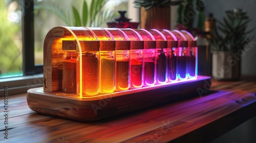 A neon-accented, smart spice rack suggesting recipes based on available spices