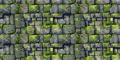 Seamless rock pattern, tileable mossy stone dungeon masonry texture, great for video game design photo