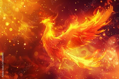 Artistic vector illustration of a mythological phoenix rising from flames, with a dynamic and fiery background. photo