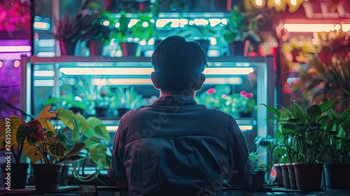 A neon-lit AI urban gardener advising on plant care and sustainable gardening practices