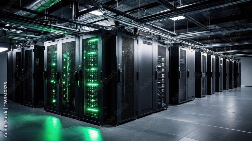 Depict a state of the art data center with rows of server racks, cooling systems, and redundant power supplies Depict a state of the art data center with rows of server racks, cooling systems, and redundant power supplies