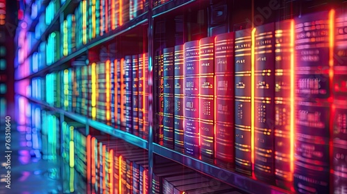 AI in library services cataloging and recommending literature, visualized with neon book spines photo