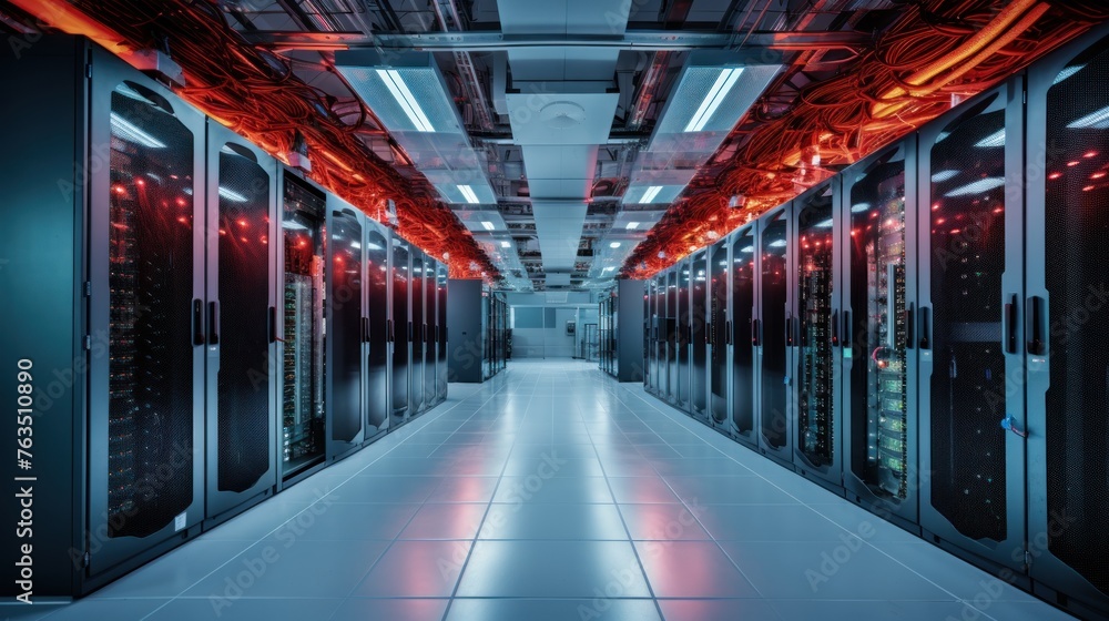 Depict a state of the art data center with rows of server racks, cooling systems, and redundant power supplies Depict a state of the art data center with rows of server racks, cooling systems, and redundant power supplies