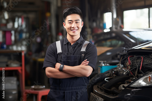 Smiling mechanic asian man. Automotive professions. Job offer. Job Search. Machine repair professions. Asian man. Japan. China. Asian country. Japanese. Chinese. AI.