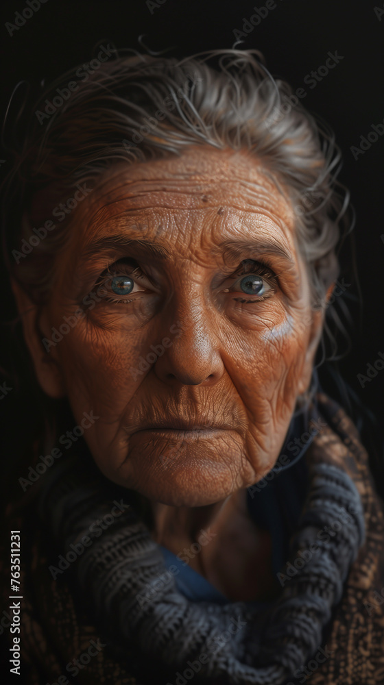 An old woman wearing a scarf around her neck, captured in a frank and straightforward portrait. The woman appears to be from Italy An old woman wearing a scarf around her neck, captured in a frank and straightforward portrait. The woman appears to be from Italy