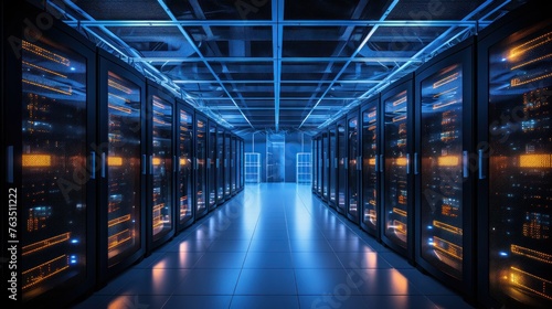 Depict a state of the art data center with rows of server racks, cooling systems, and redundant power supplies