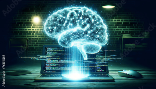Digital brain is forming out of lines of glowing code floating above a laptop, illustrating the idea of creating consciousness through programming.