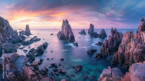 A stunning sunset casts warm hues over the ocean  with large rocks in the foreground creating a contrast in the scene