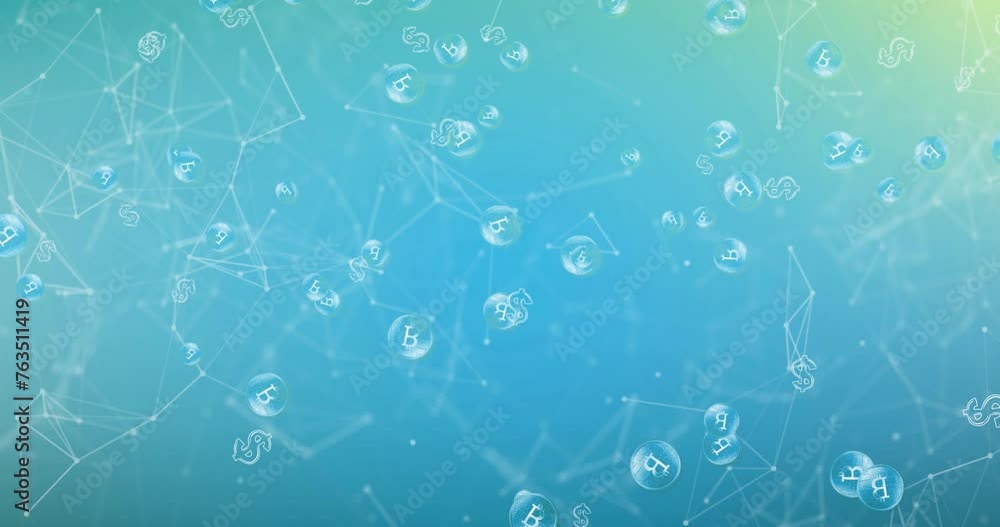 Animation of network of connections with currency symbols on blue background Animation of network of connections with currency symbols on blue background