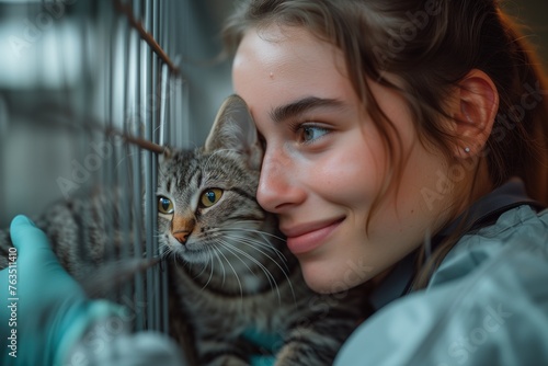 Tender moment between a young woman and a cat at an animal shelter, symbolizing compassion