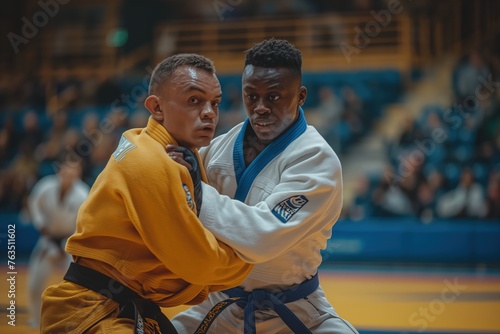 Two athletes dressed in judo uniforms engaged in a competitive fight, showcasing skill and focus