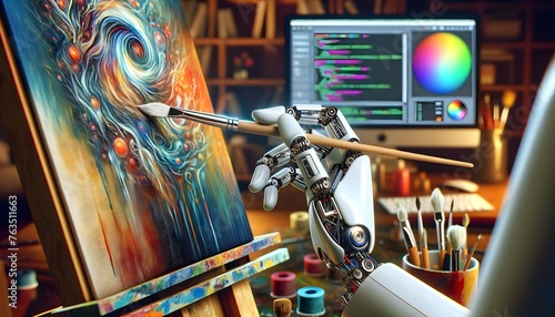 Humanoid robot hand holding a paintbrush, delicately engaged in the creation of a digital artwork on a canvas.