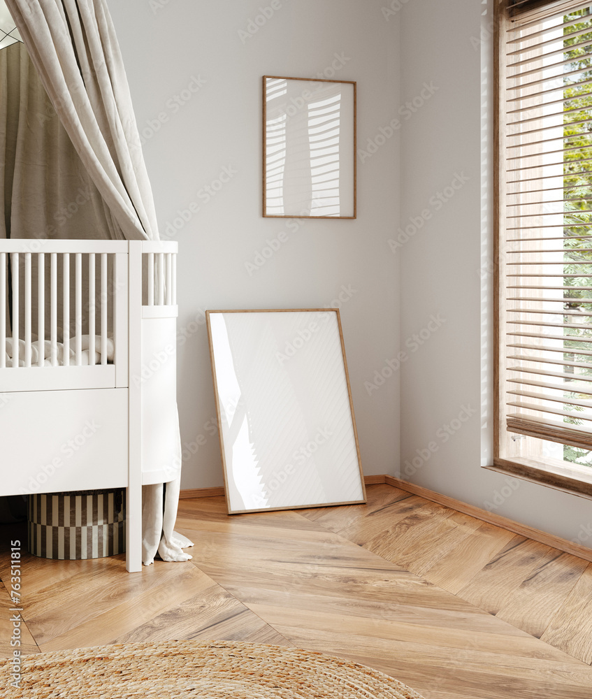 Mock up frame in children room with natural wooden furniture, 3D render - obrazy, fototapety, plakaty 