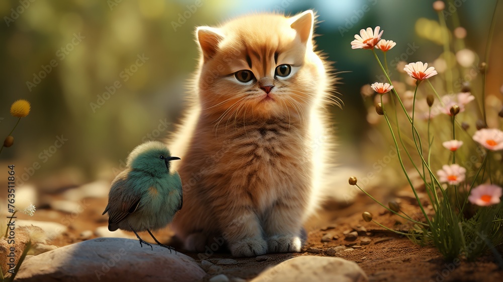 Kitten and Bird Sitting Together